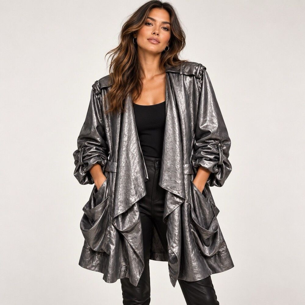 River Island Metallic Trench Jacket 18 Silver Oversized Draped Indie Sleaze Y2K